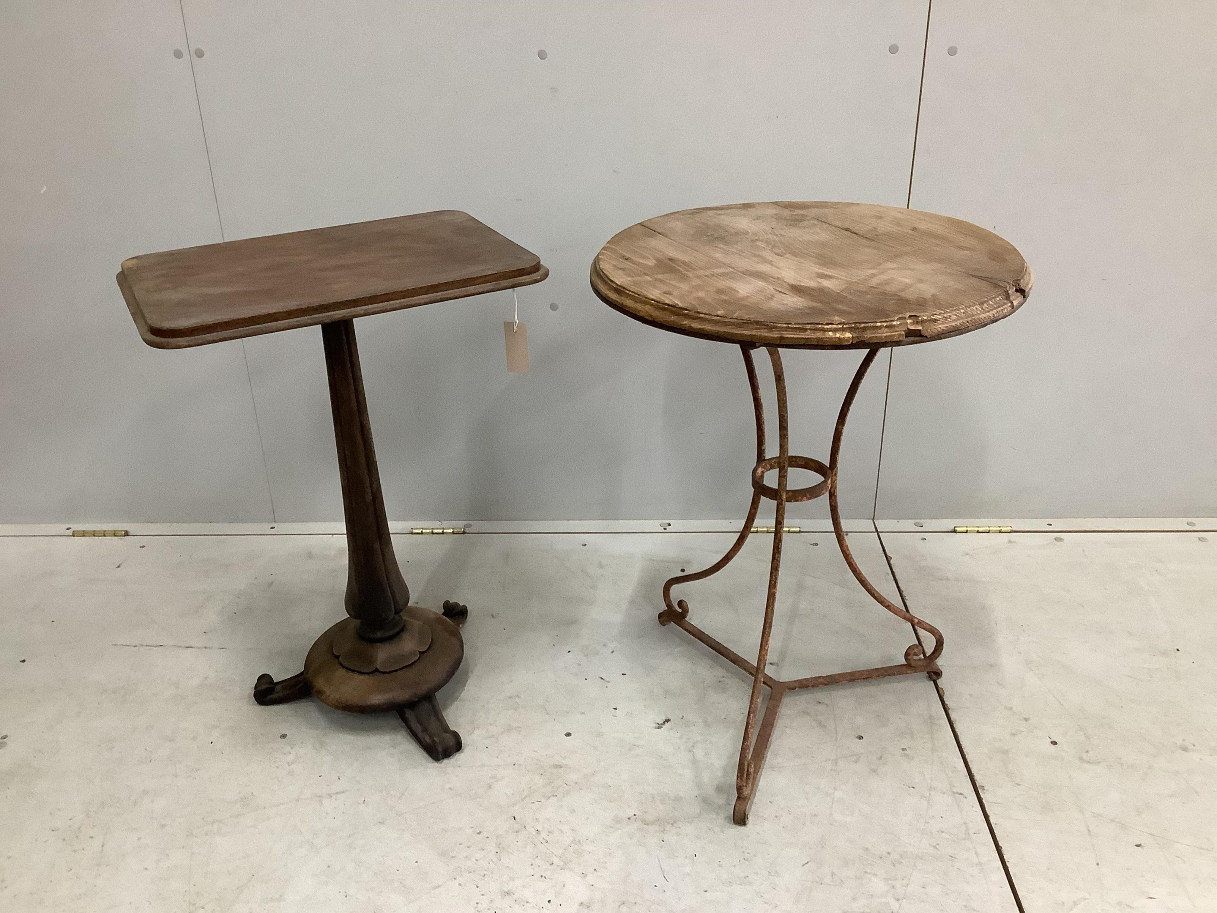 A French wrought iron café table with wooden top, diameter 55cm, height 72cm and a William IV rosewood occasional table, width 51cm, height 72cm. Condition - fair